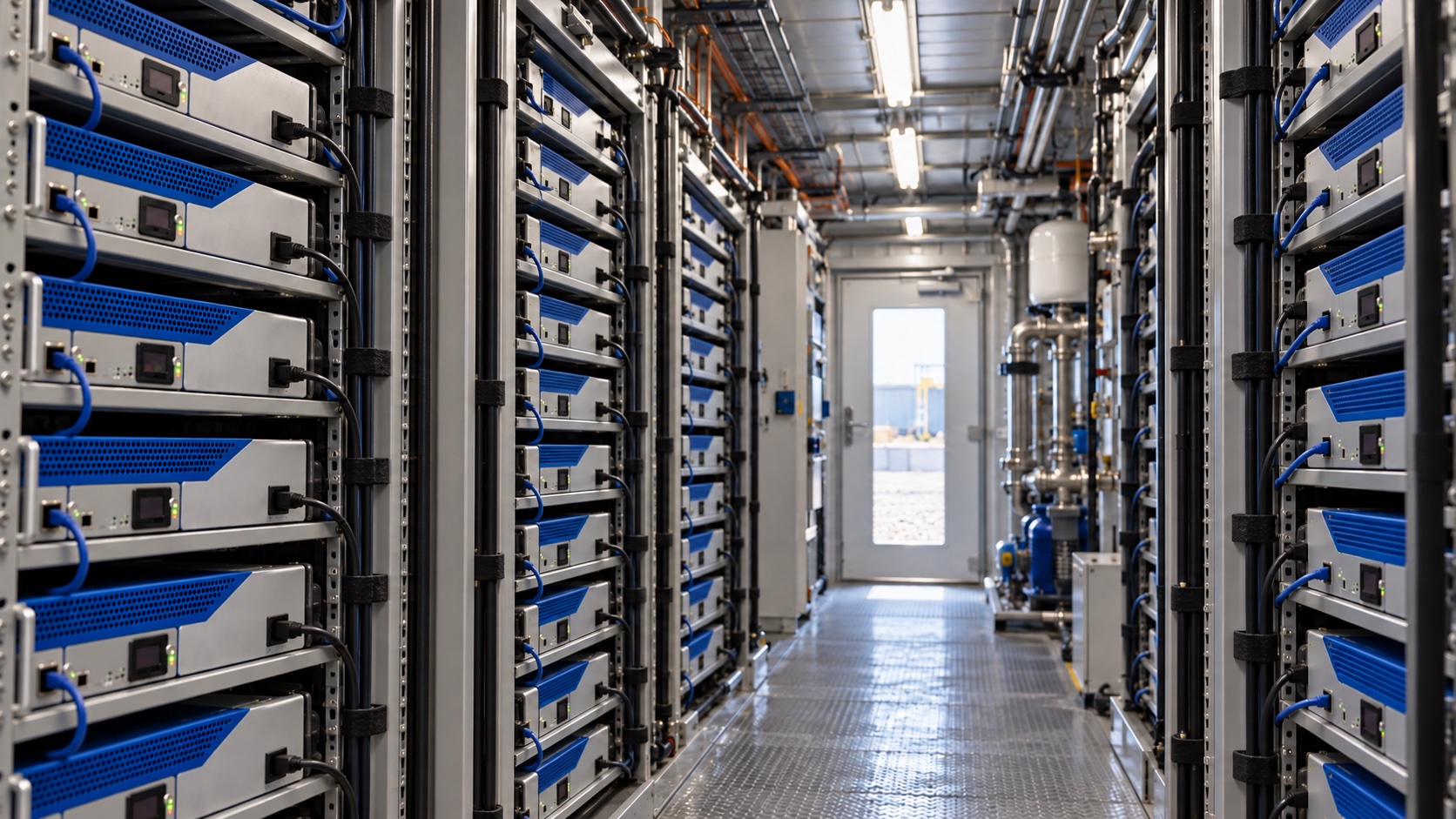 Rows of two-unit liquid-cooled Bitcoin miners with power and Ethernet cables connected at their fronts inside an industrial compute container