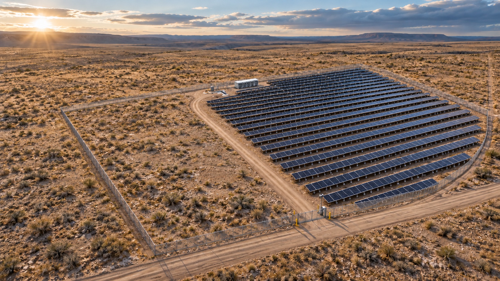 Elevated view of the fenced Utah solar site, with extensive solar panel rows to the right of a long access drive and a mining container beside the array