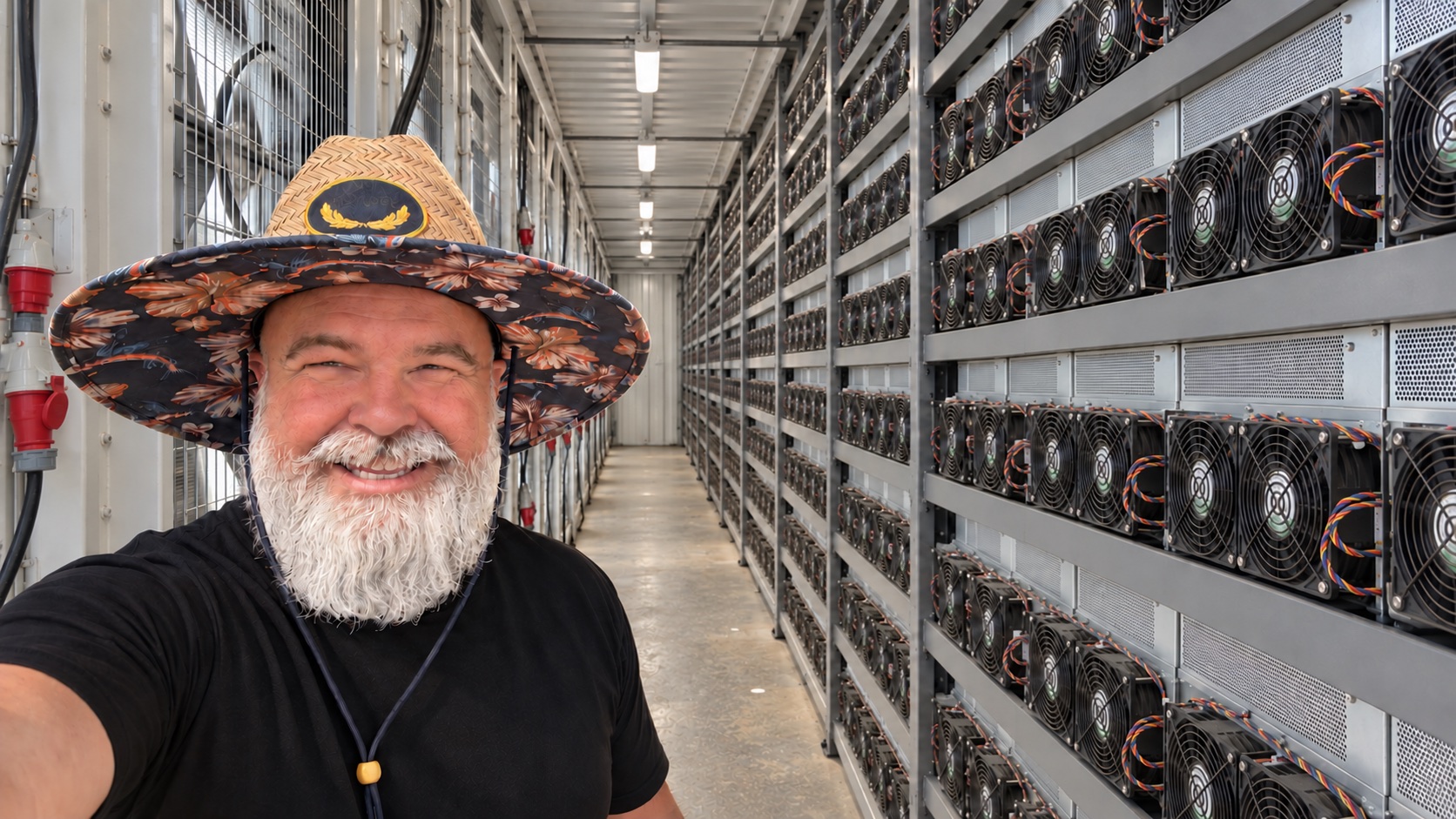 Inside the long mining container, with the Clutch owner and rows of exhaust-side Bitcoin miner fans